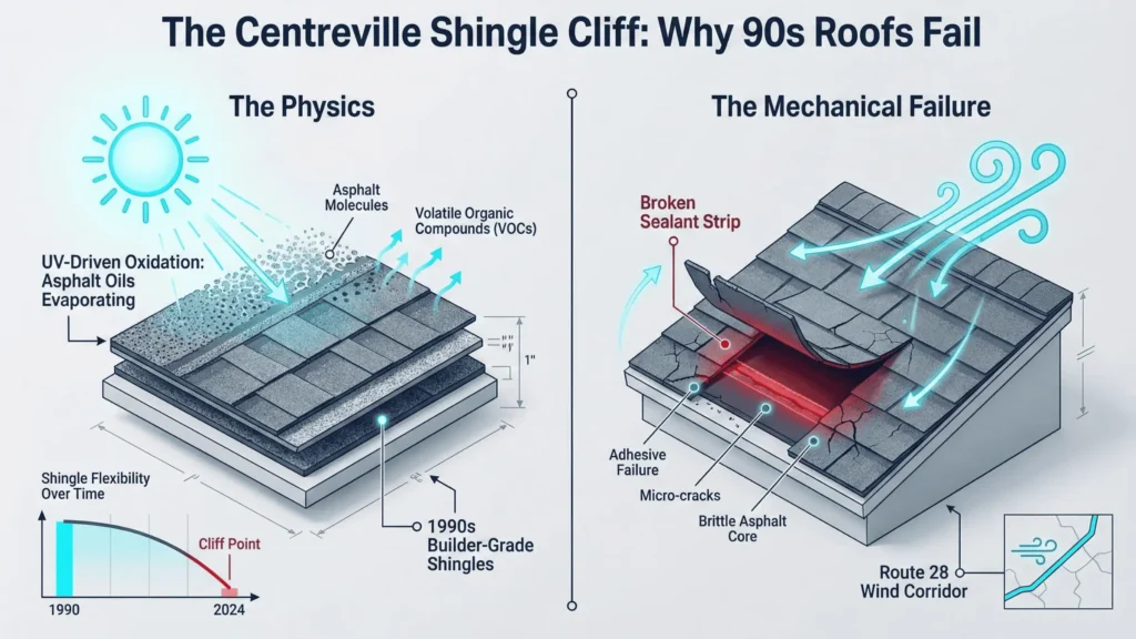 A technical 3D roofing infographic titled "The Centreville Shingle Cliff: Why 90s Roofs Fail." The split-screen graphic illustrates the physics of roof failure in the 20120 area. The left side shows UV-driven oxidation causing asphalt oils to evaporate. The right side shows mechanical failure where wind gusts lift brittle shingles due to a broken sealant strip. Technical callouts highlight 1990s builder-grade materials and the Route 28 wind corridor. Visualized in DreamHome brand Deep Navy and Bright Cyan.