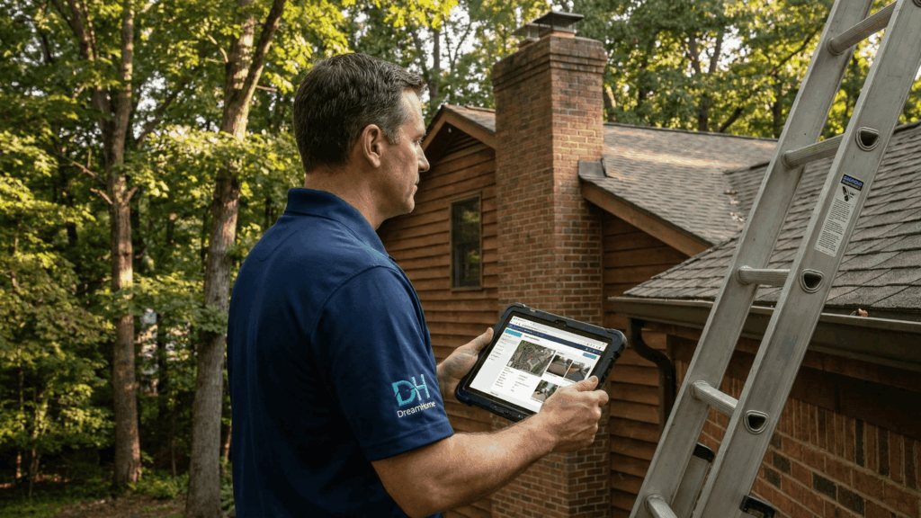 Professional DreamHome Remodeling inspector in a branded navy polo performing an HOA-compliant roof assessment in a wooded Burke, VA neighborhood near Burke Lake