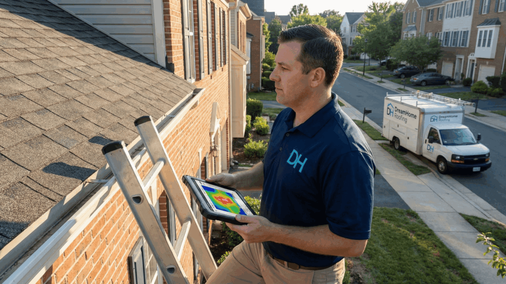 A DreamHome Remodeling inspector in a branded navy polo performing a digital roof health scan on a townhome in Alexandria, VA. Specialist in Roof Maxx rejuvenation and 2021 USBC code-compliant replacement for West End and Kingstowne residents.
