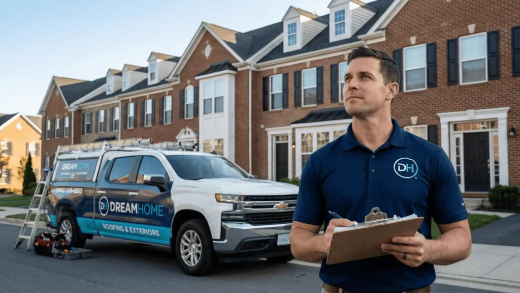 A professional DreamHome Remodeling inspector in a branded navy polo performing a digital roof flexibility scan on a brick-front townhome in Kingstowne, VA. He is assessing shared rooflines and KROC HOA compliance to determine if the 22315 home needs Roof Maxx® or a system replacement.
