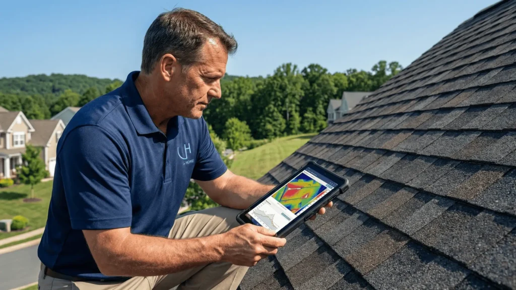 A professional DreamHome Remodeling inspector wearing a branded navy polo with the DH logo, conducting an advanced digital roof scan in the Laurel Hill neighborhood of Lorton, VA. He is assessing shingle flexibility and "thermal oxidation" in the 22079 zip code to determine if the roof is a candidate for Roof Maxx® rejuvenation or a 2021 USBC-compliant replacement.