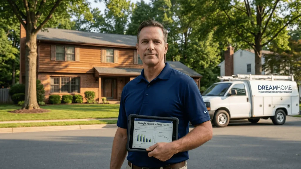 Professional DreamHome Remodeling inspector in a branded navy polo performing a digital roof flexibility test in Newington, VA. Specializing in Roof Maxx rejuvenation and 2021 USBC-compliant replacement for Saratoga and Newington Forest residents.