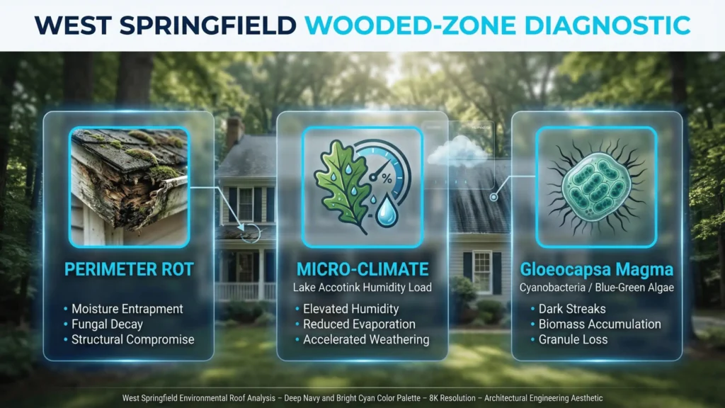 Roof damage in West Springfield VA caused by wooded-zone moisture, moss growth, and black algae near Lake Accotink affecting shingles and roof decking