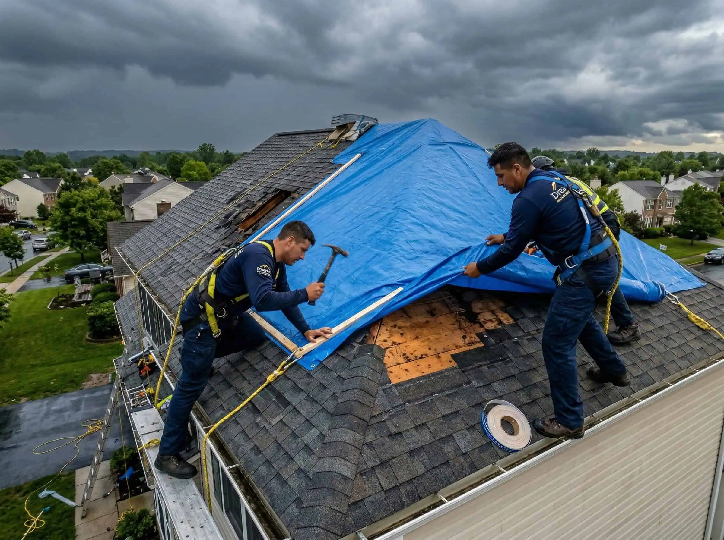 Emergency roof tarp installation on a Virginia home after active storm damage by DreamHome Remodeling, same-day response