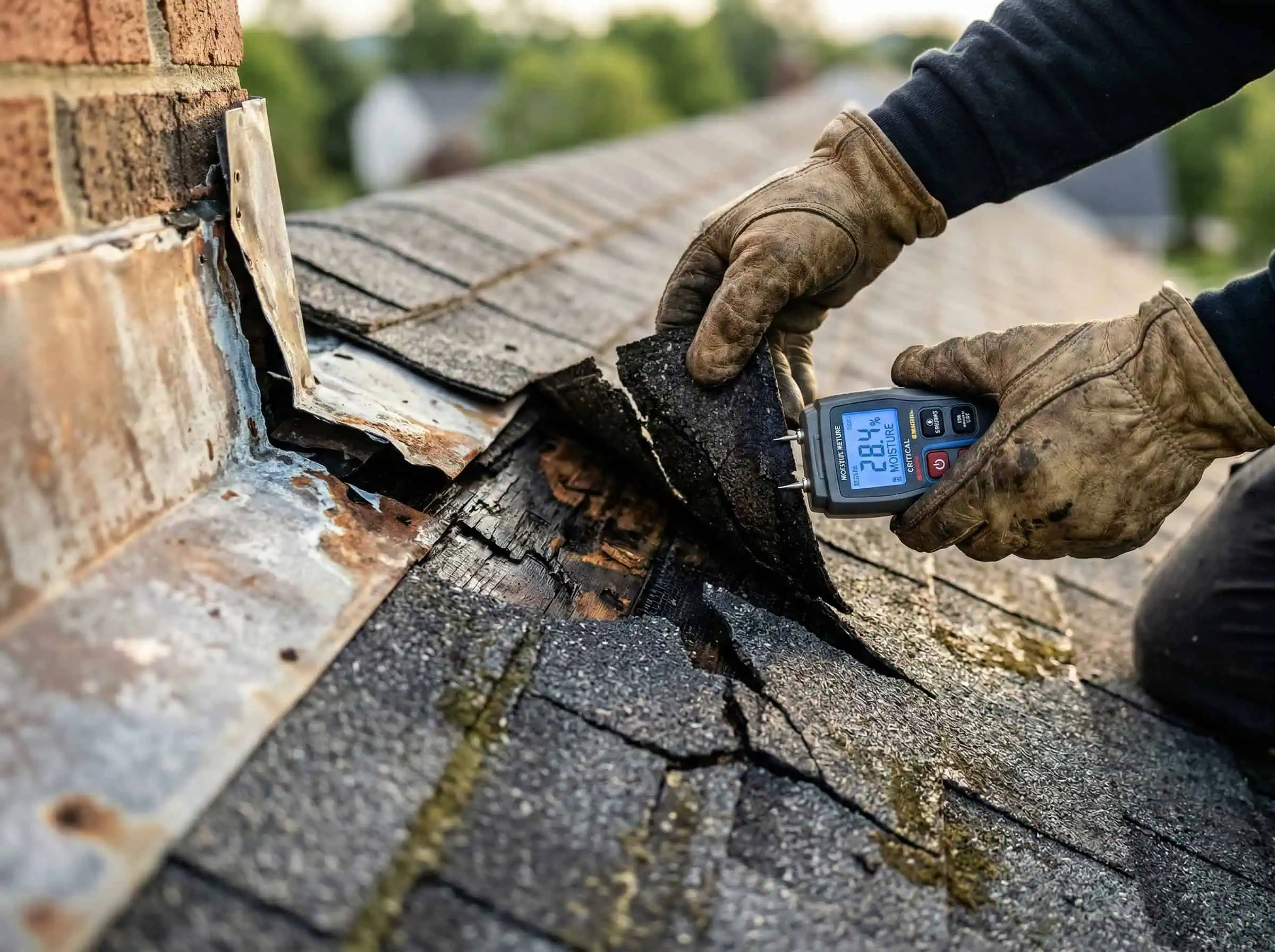 Diagnostic close-up of gutter and roof-edge condition