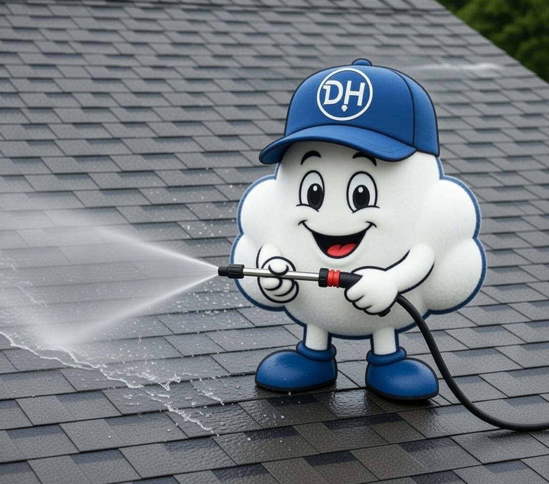 Claude the Cloud, DreamHome's Roof Maxx mascot, applying soy-based bio-oil treatment