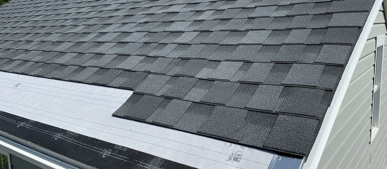 Close-up panoramic view of Owens Corning Duration architectural shingles with ice-and-water shield underlayment visible at the eave