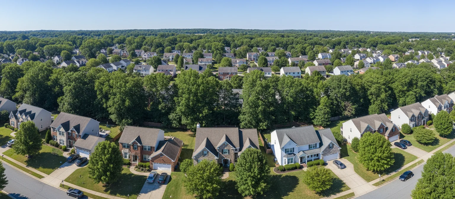 Aerial panoramic view of a Northern Virginia neighborhood showing aged-but-intact asphalt shingle roofs that fit the Roof Maxx cost sweet spot