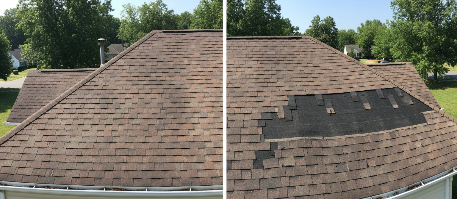HAAG-Certified inspector checking granule density and nail seal integrity on an asphalt shingle roof