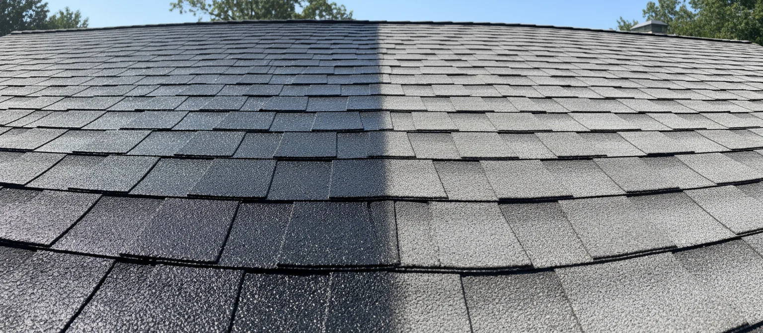Close-up of treated vs untreated shingles showing the darker, restored color of post-treatment shingles