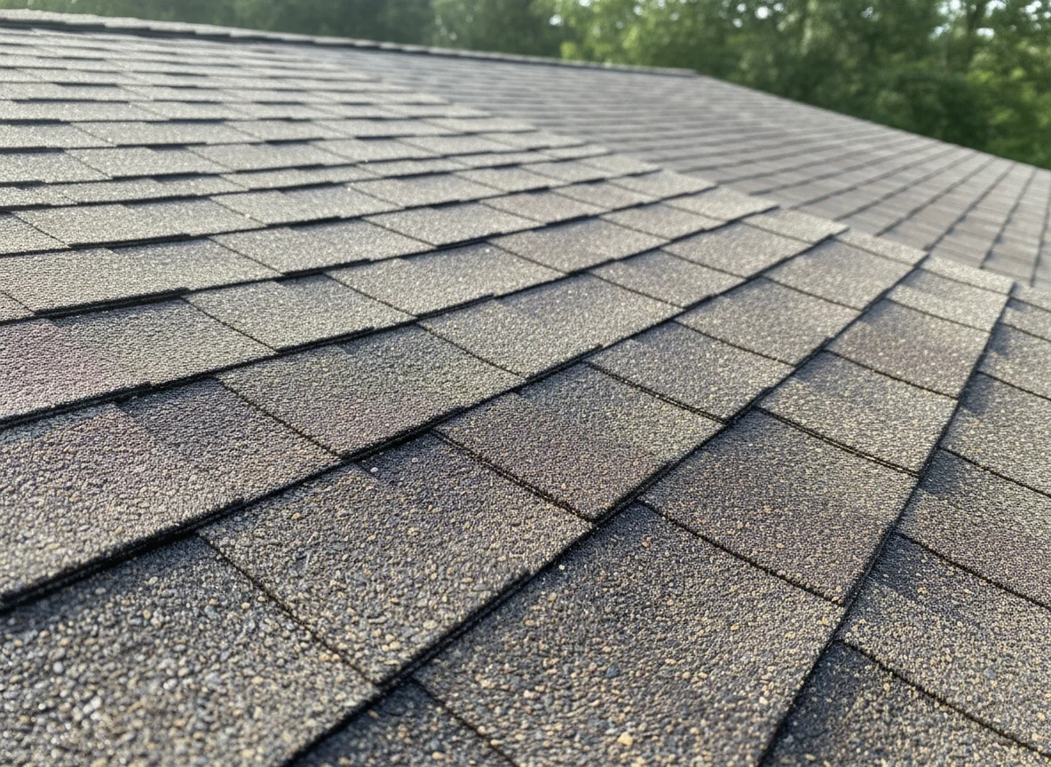 Close-up of architectural asphalt shingles after Roof Maxx soy-based bio-oil application showing restored flexibility