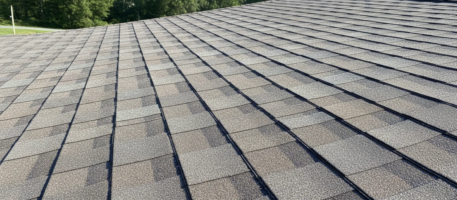 Close-up panoramic view of aged but intact architectural asphalt shingles, a good Roof Maxx candidate