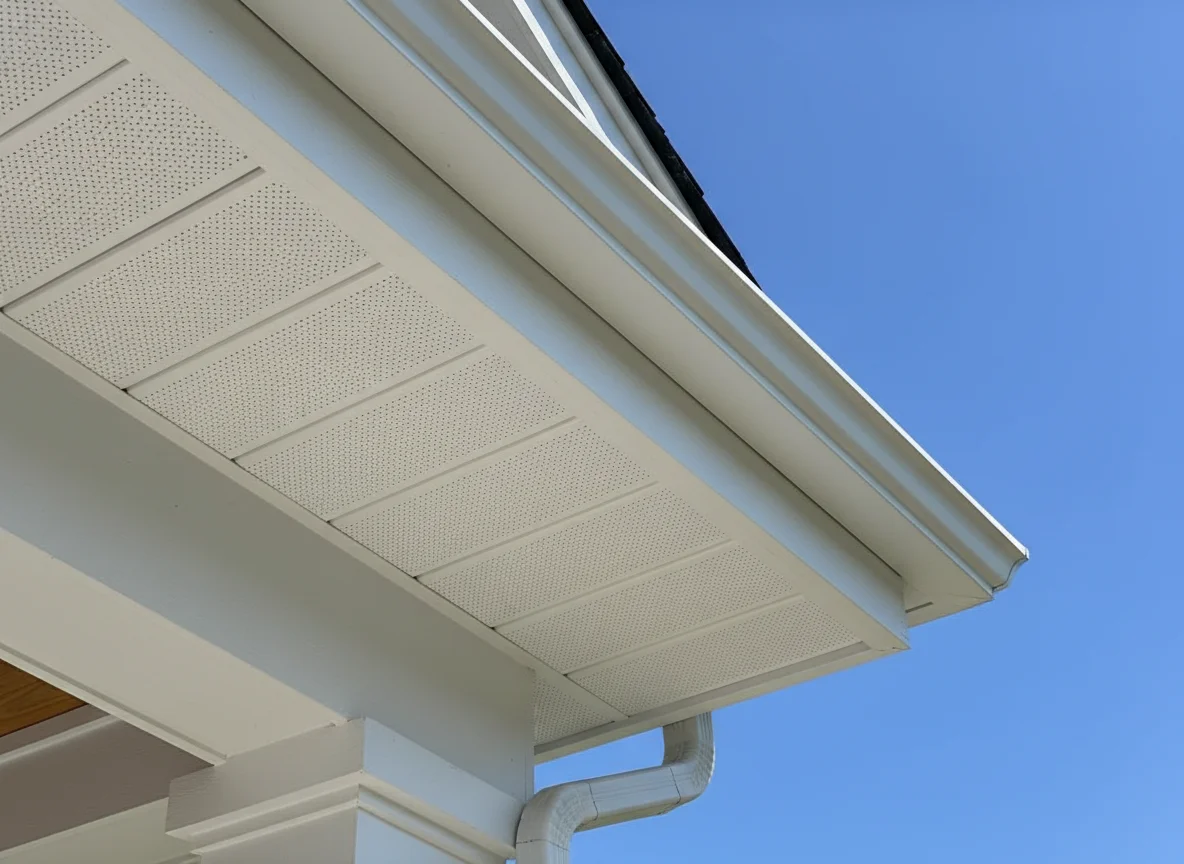 HardieSoffit vented fiber cement soffit panel installation under the eave of a Northern Virginia home