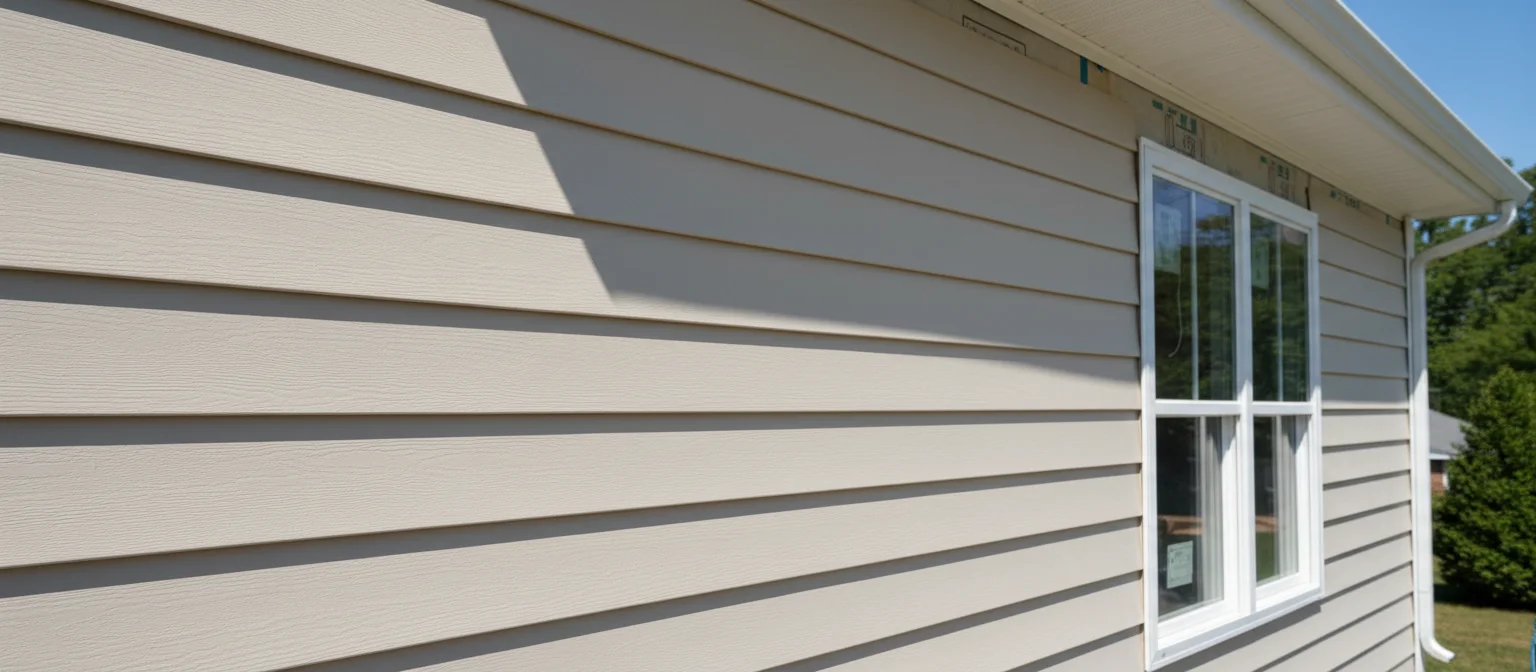 Vinyl siding installation detail showing CertainTeed Monogram lap profile and white trim corner posts on a Northern Virginia home