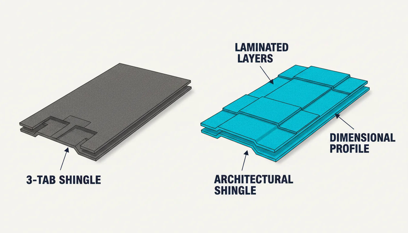 Three-dimensional architectural diagram comparing an architectural shingle on the right side, highlighted in cyan to show its multi-layer dimensional profile, with a flat single-layer 3-tab shingle on the left side for reference, labeled ARCHITECTURAL SHINGLE, 3-TAB SHINGLE, LAMINATED LAYERS, and DIMENSIONAL PROFILE
