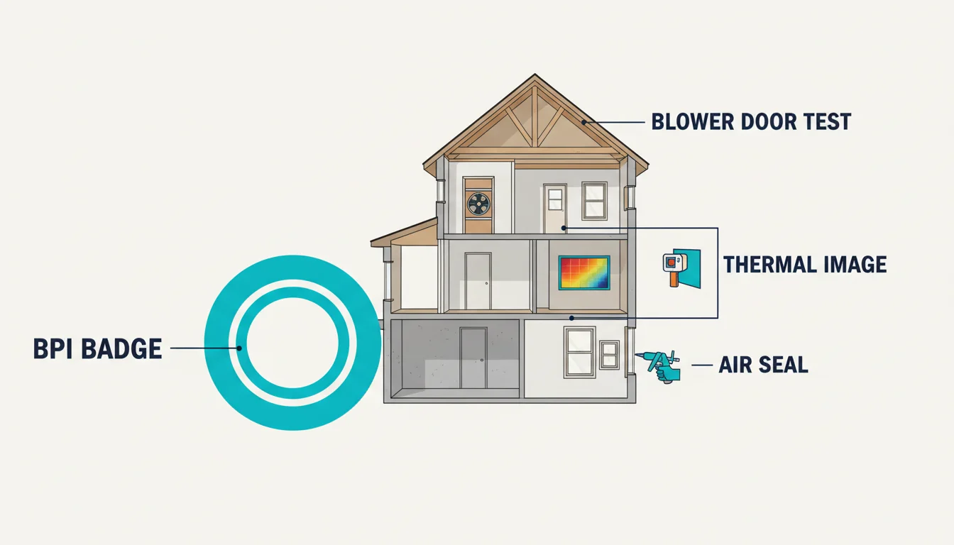 Stylized architectural illustration of a residential home in cross-section with a cyan circular BPI certification badge in the foreground, with icons showing blower door testing, thermal imaging, and air sealing
