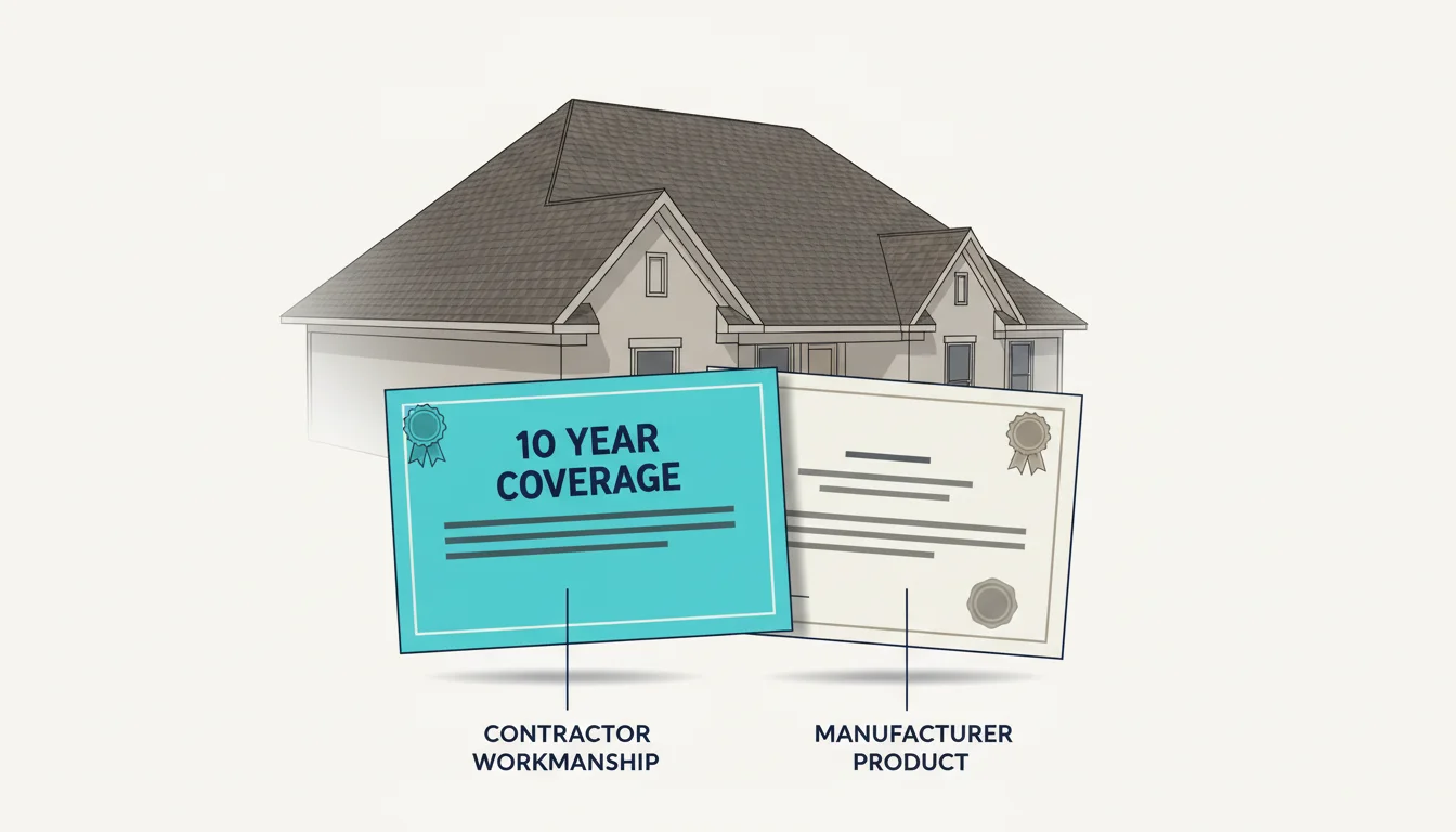 Stylized illustration of a residential house with two warranty certificates in the foreground, the cyan contractor workmanship warranty on the left labeled with 10 YEAR COVERAGE and the manufacturer product warranty on the right, showing they are two separate documents