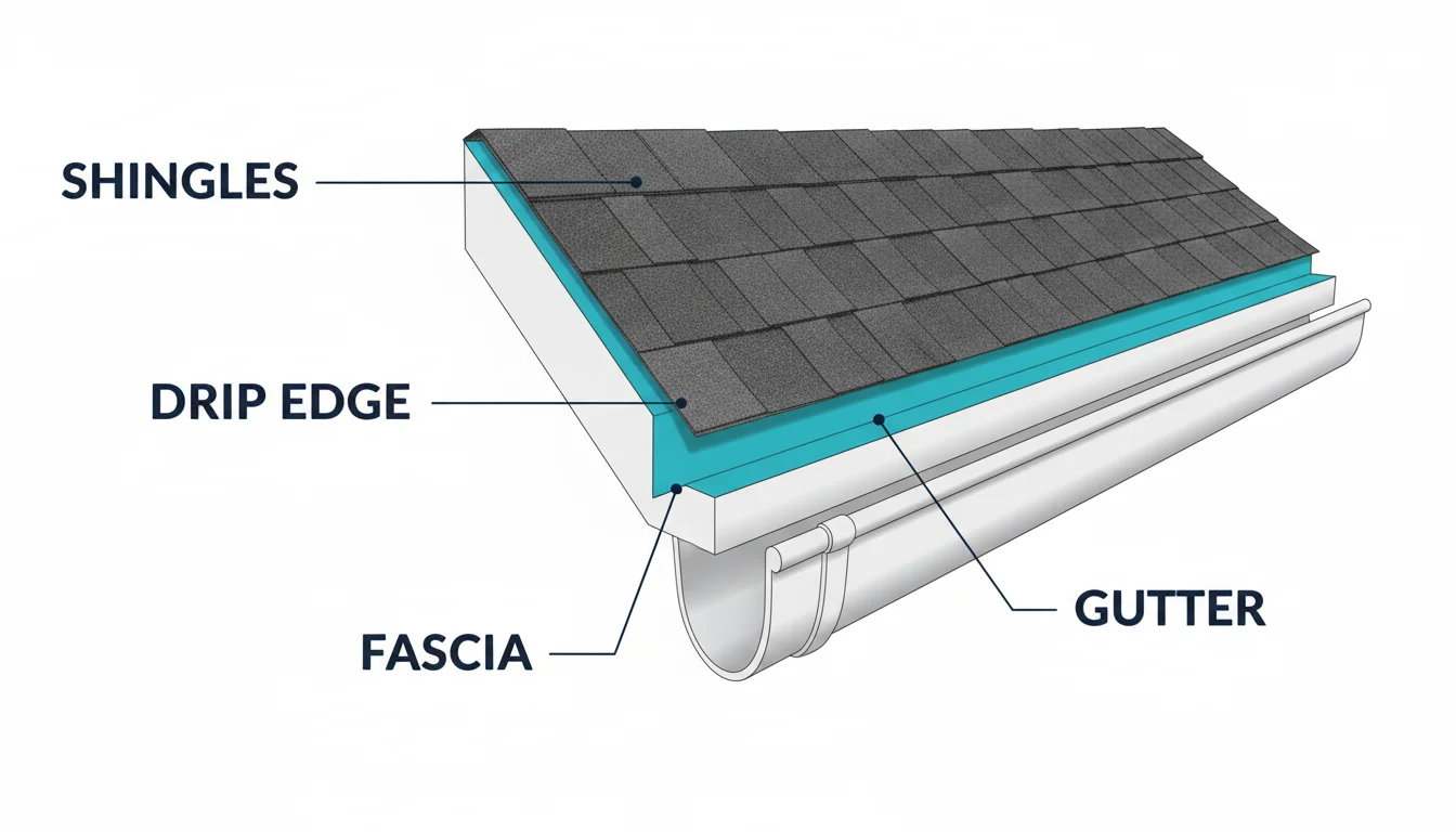 Cross-section infographic of a residential roof eave showing the L-shaped drip edge flashing between the asphalt shingle and underlayment layers above the fascia board, with water flow arrows directing rainwater past the fascia into the gutter, F4.5 profile labeled with 4.5 inch face
