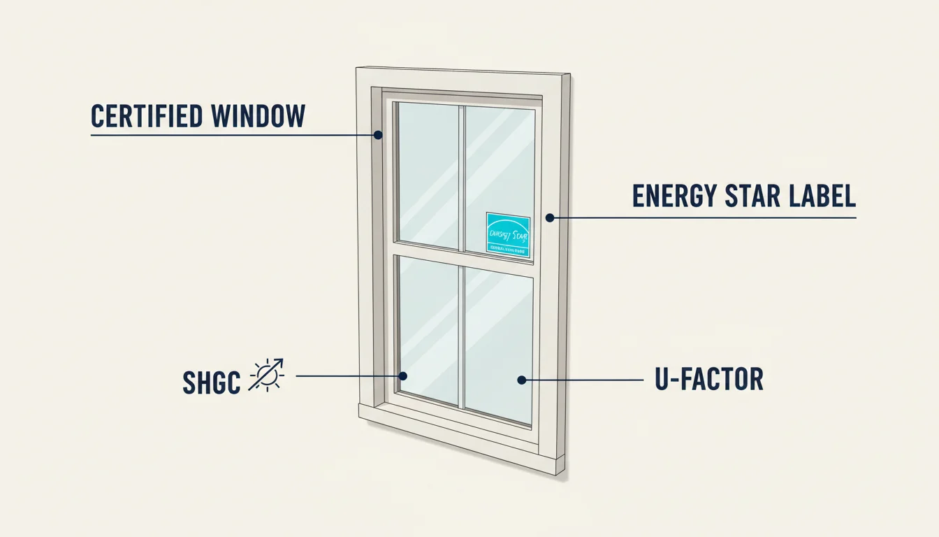 Three-dimensional architectural diagram of a double-hung residential window viewed from outside with a stylized ENERGY STAR certification label highlighted in cyan affixed to the corner of the lower sash, labeled CERTIFIED WINDOW, ENERGY STAR LABEL, U-FACTOR, and SHGC