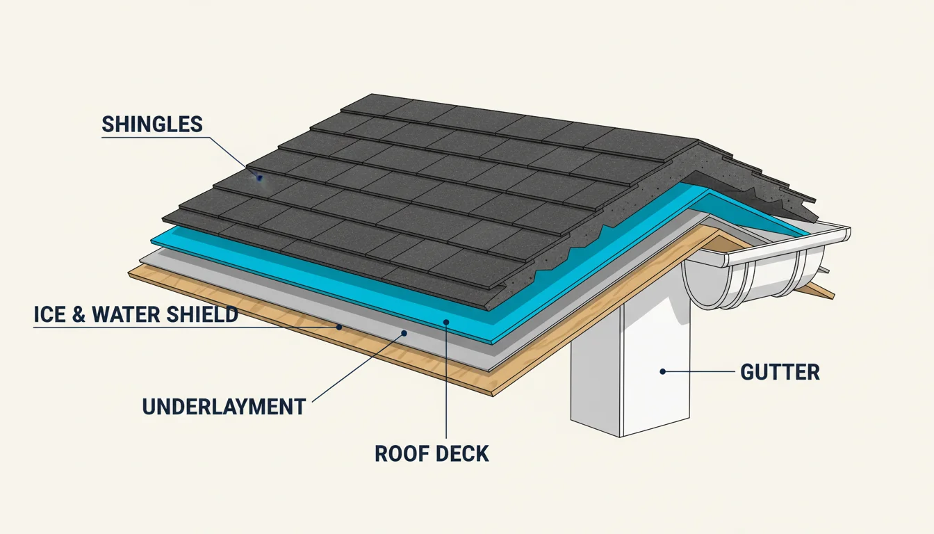 Architectural cross-section diagram of a residential roof eave showing the layered stack of asphalt shingles on top, ice-and-water shield membrane highlighted in cyan beneath the shingles, synthetic underlayment below that, plywood roof deck, fascia, and gutter, labeled SHINGLES, ICE & WATER SHIELD, UNDERLAYMENT, ROOF DECK, and GUTTER