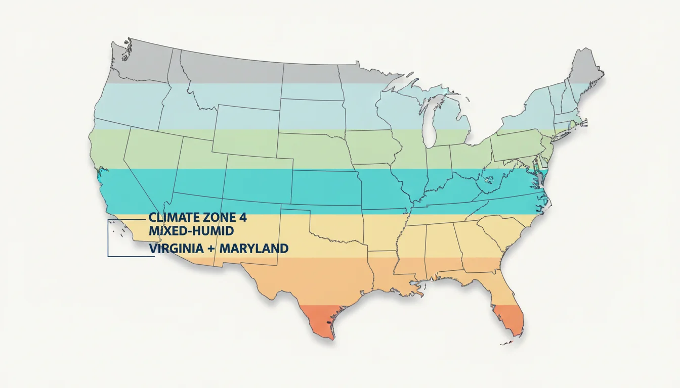 Stylized map illustration of the continental United States showing IECC climate zone bands running horizontally across the country, with the Climate Zone 4 band that includes Virginia and Maryland highlighted in cyan