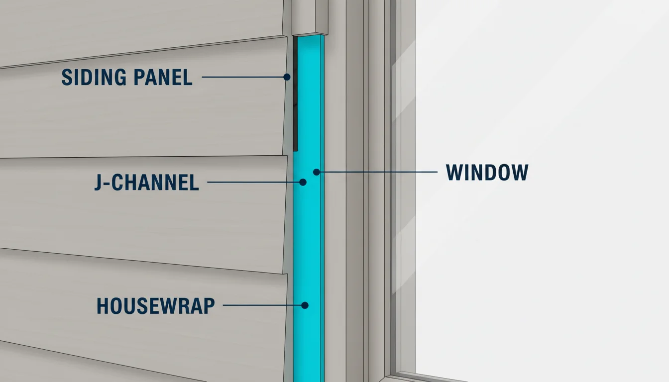 Three-dimensional oblique architectural diagram of a residential window jamb showing horizontal lap siding panels terminating into a vertical J-shaped trim channel highlighted in cyan that receives the cut ends of the panels at the window edge, labeled SIDING PANEL, J-CHANNEL, WINDOW, and HOUSEWRAP