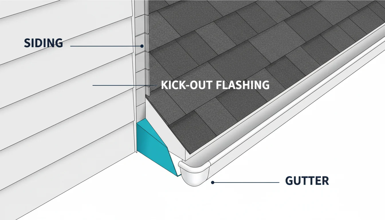 Three-dimensional architectural diagram of the spot where a residential roof eave meets a vertical sidewall and a gutter ends, with the angled kick-out flashing piece highlighted in cyan diverting water from the wall into the gutter, labeled SIDING, GUTTER, and KICK-OUT FLASHING