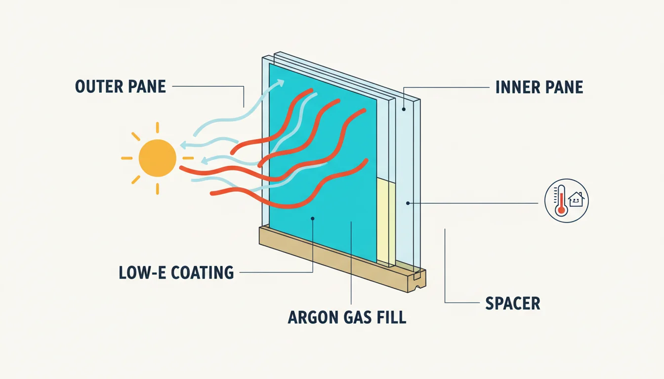 Architectural cross-section diagram of a double-pane insulated glass unit showing two parallel glass panes separated by a spacer with argon gas in between, with a cyan-highlighted thin coating on the inner surface of the outer pane, plus sun arrows being partially reflected by the coating and visible light passing through, labeled OUTER PANE, LOW-E COATING, ARGON GAS FILL, INNER PANE, and SPACER
