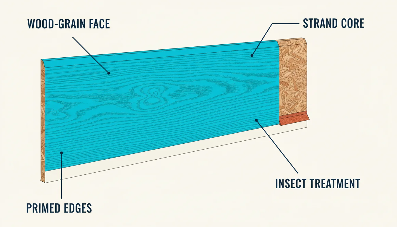 Three-dimensional oblique architectural diagram of a thin horizontal lap siding plank (LP SmartSide engineered wood) with prominent horizontal wood grain texture on the front face highlighted in cyan, with a cut-away at the right end exposing the engineered wood strand core, an insect treatment band at the cut edge, and primed back edges