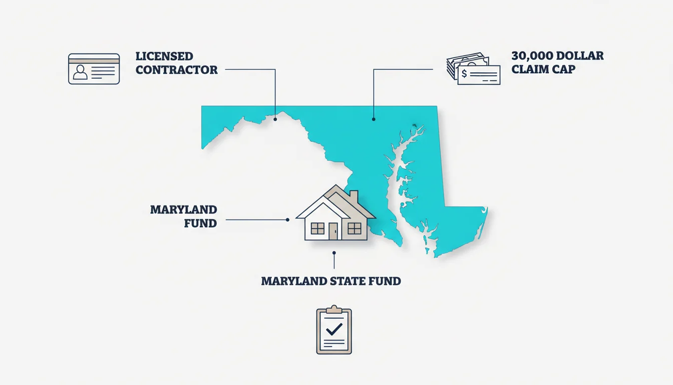 Stylized illustration of the Maryland state outline highlighted in cyan with a residential house icon in front, with three icons representing a licensed contractor card, a $30,000 claim cap, and a claim form, illustrating the MHIC Guaranty Fund protection