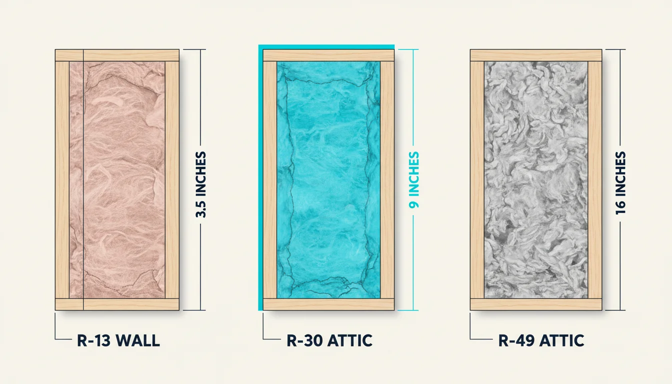 Side-by-side architectural cross-section diagram of three framing cavities showing different insulation thicknesses: a 3.5-inch R-13 wall cavity, a cyan-highlighted 9-inch R-30 attic cavity, and a 16-inch R-49 attic cavity