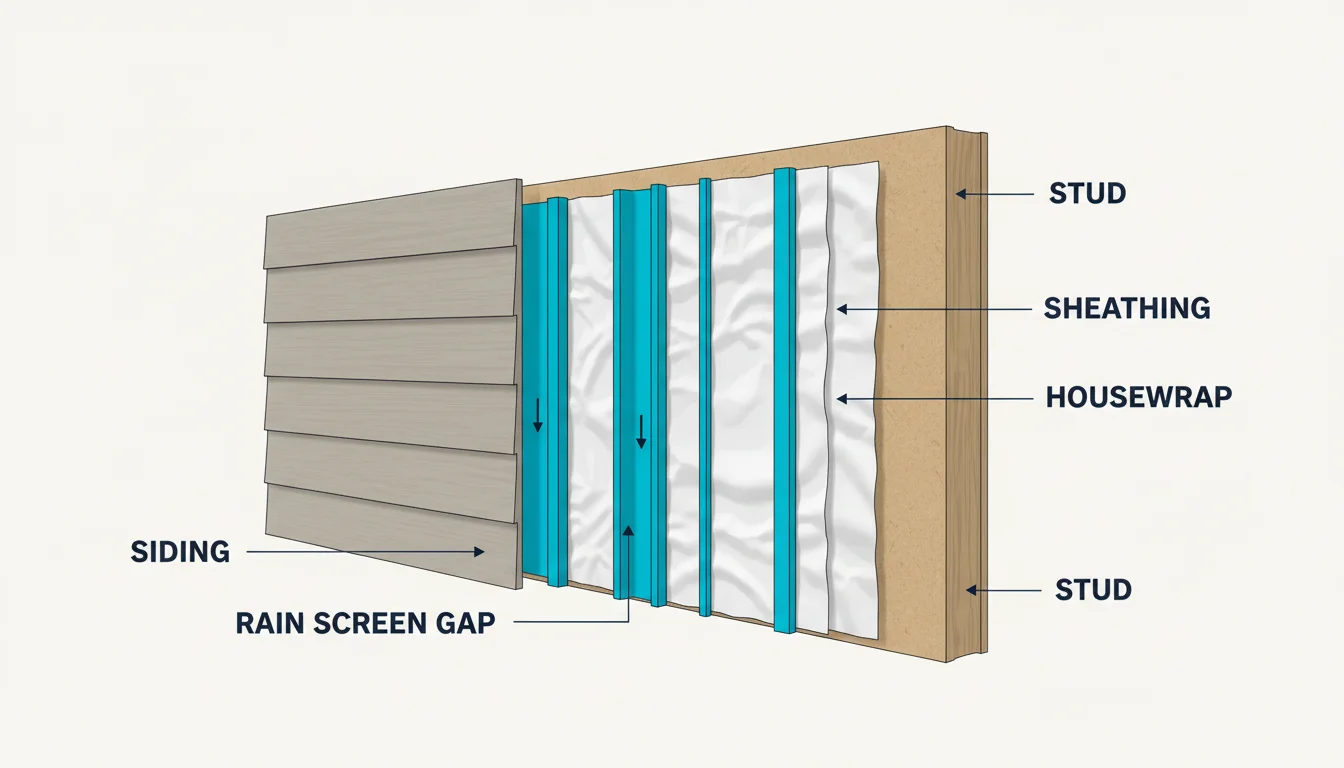 Architectural cross-section diagram of a residential exterior wall assembly showing layered construction from inside to outside: stud framing, plywood sheathing, white housewrap, cyan-highlighted vertical furring strips creating an air gap, and an exterior lap siding panel, labeled STUD, SHEATHING, HOUSEWRAP, RAIN SCREEN GAP, and SIDING