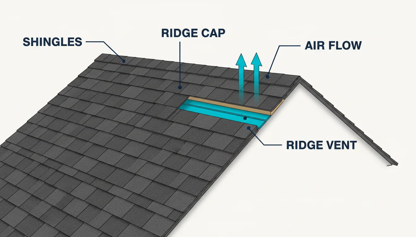 Three-dimensional architectural diagram of the peak of a residential asphalt shingle roof showing the continuous ridge vent strip highlighted in cyan running along the ridge line beneath the ridge cap shingles, with arrows showing hot attic air escaping upward through the vent, labeled SHINGLES, RIDGE CAP, RIDGE VENT, and AIR FLOW