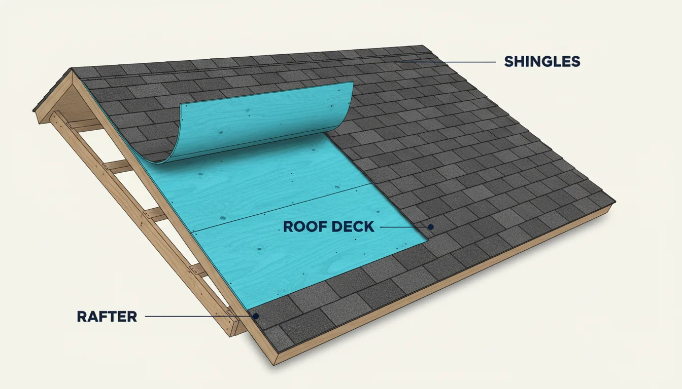 Three-dimensional architectural cut-away diagram of a residential roof showing the structural plywood roof deck highlighted in cyan as the wood substrate, with the shingles partially peeled back to expose it, and rafters visible underneath, labeled SHINGLES, ROOF DECK, and RAFTER