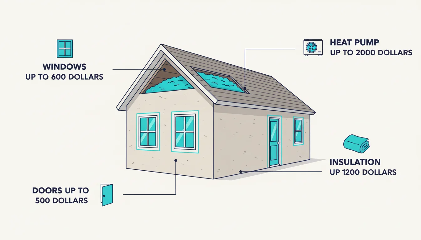 Stylized architectural illustration of a residential house with four cyan-highlighted upgrade categories showing the Section 25C credit caps: windows up to $600, doors up to $500, insulation up to $1,200, and heat pump up to $2,000