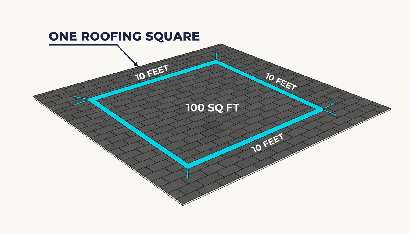 Three-dimensional oblique view of a residential asphalt shingle roof slope with a 10 foot by 10 foot square area outlined in bright cyan to visualize one roofing square (100 square feet), labeled ONE ROOFING SQUARE, 10 FEET, and 100 SQ FT