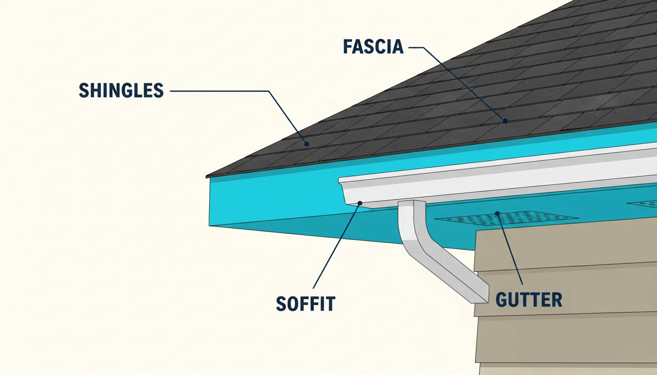 Three-dimensional oblique architectural diagram of a residential roof eave showing the vertical fascia board on the front edge and the horizontal vented soffit panel on the underside, both highlighted in cyan, with a gutter mounted to the fascia and shingles above