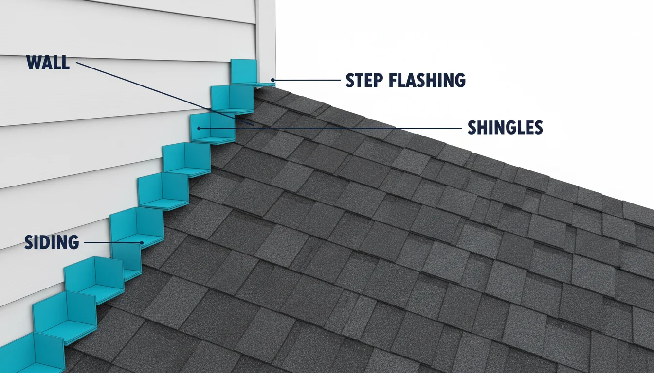 Three-dimensional architectural diagram of a residential roof meeting a vertical wall, showing the stair-step series of step flashing pieces highlighted in cyan tucked underneath each shingle course and behind the siding, labeled SHINGLES, STEP FLASHING, WALL, and SIDING