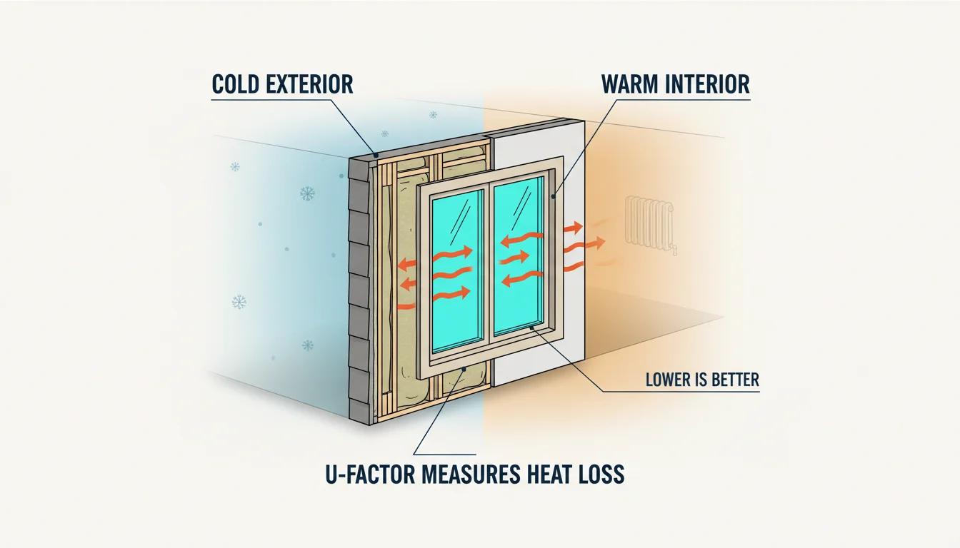 Architectural cross-section diagram showing a residential window with heat flow arrows passing through the cyan-highlighted glass from a warm room interior on the right to a cold exterior on the left, labeled WARM INTERIOR, COLD EXTERIOR, U-FACTOR MEASURES HEAT LOSS, and LOWER IS BETTER