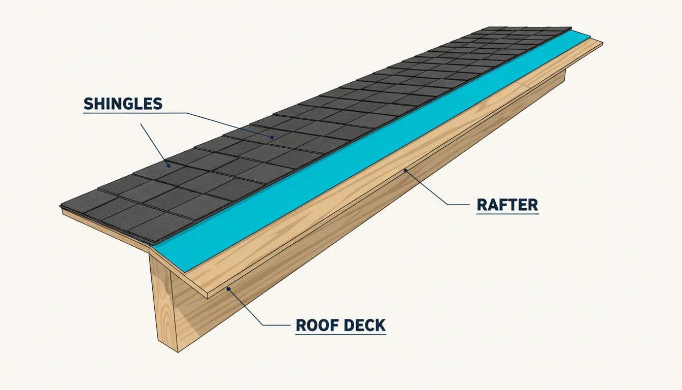 Architectural cross-section diagram of a residential roof showing layered construction: asphalt shingles on top, a cyan-highlighted synthetic underlayment sheet beneath the shingles covering the full roof deck, plywood roof deck below the underlayment, and roof rafter at the bottom