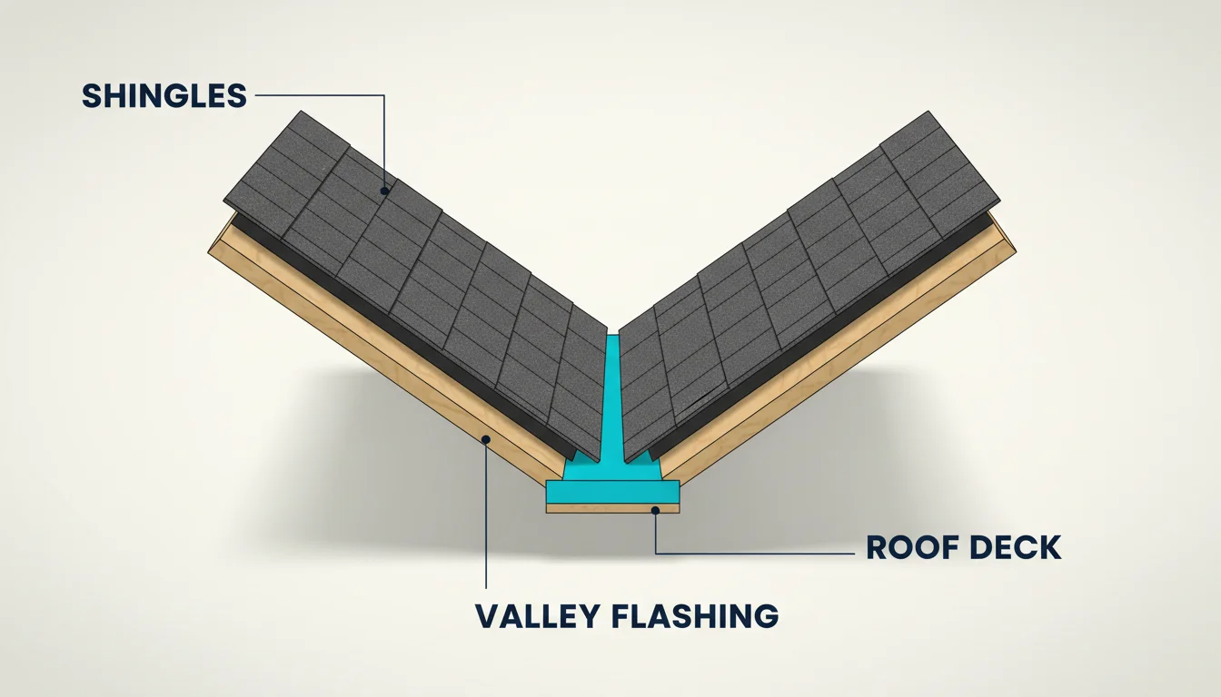 Three-dimensional architectural diagram of a residential roof valley where two sloped roof planes meet at a V, with the metal valley flashing strip highlighted in cyan running down the center of the valley, labeled SHINGLES, VALLEY FLASHING, and ROOF DECK