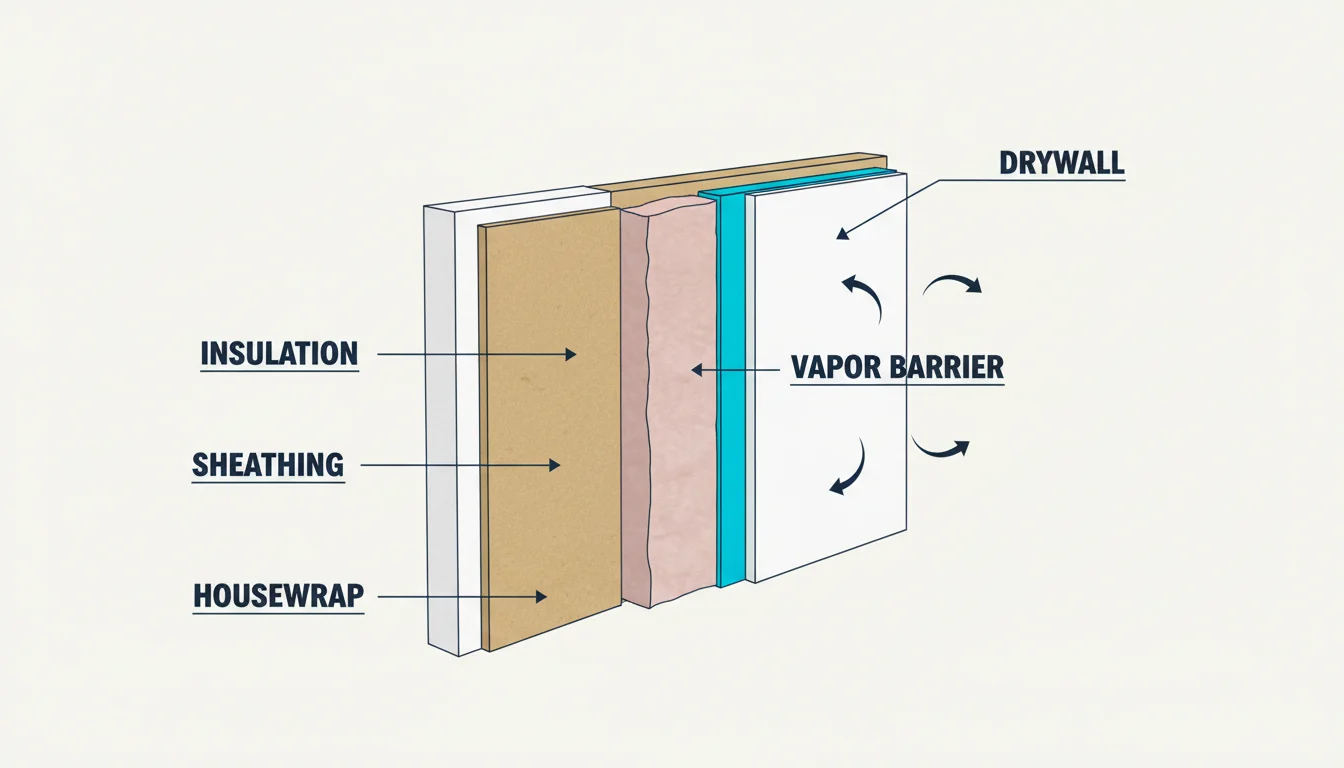 Architectural cross-section diagram of an exterior wall assembly showing layered construction with the warm-side vapor barrier membrane highlighted in cyan between the interior drywall and the fiberglass cavity insulation, with water-vapor arrows showing diffusion blocked at the vapor barrier, labeled DRYWALL, VAPOR BARRIER, INSULATION, SHEATHING, and HOUSEWRAP