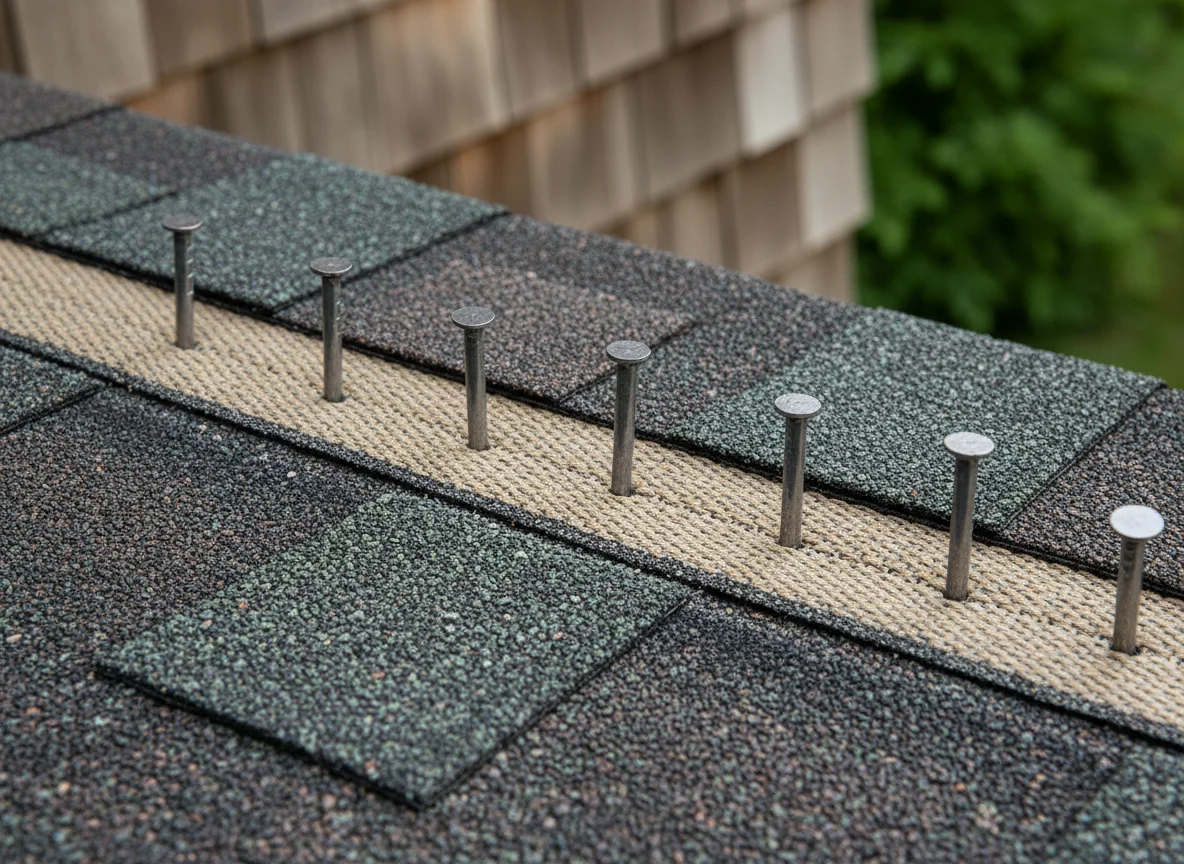 Owens Corning Duration shingle showing SureNail reinforced nailing strip with proper fastener placement