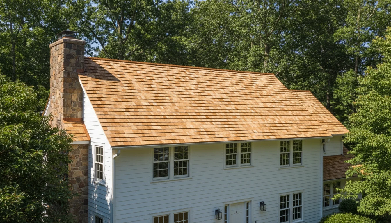 Completed hand-split western red cedar shake roof on a Northern Virginia colonial home installed by DreamHome