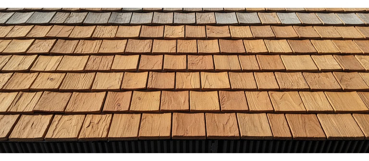 Close-up of hand-split cedar shake roof courses showing proper keyway spacing and natural grain texture
