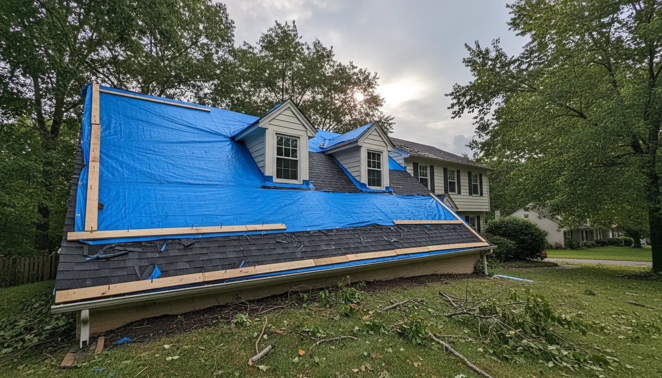 Northern Virginia home with blue emergency tarp protecting damaged section after storm