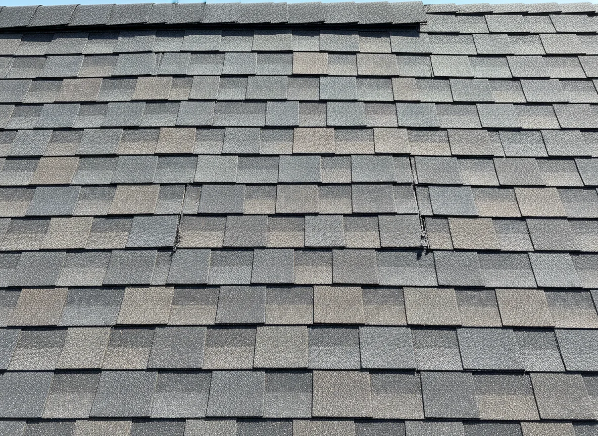 Repaired section of architectural asphalt shingle roof showing color-matched replacement shingles