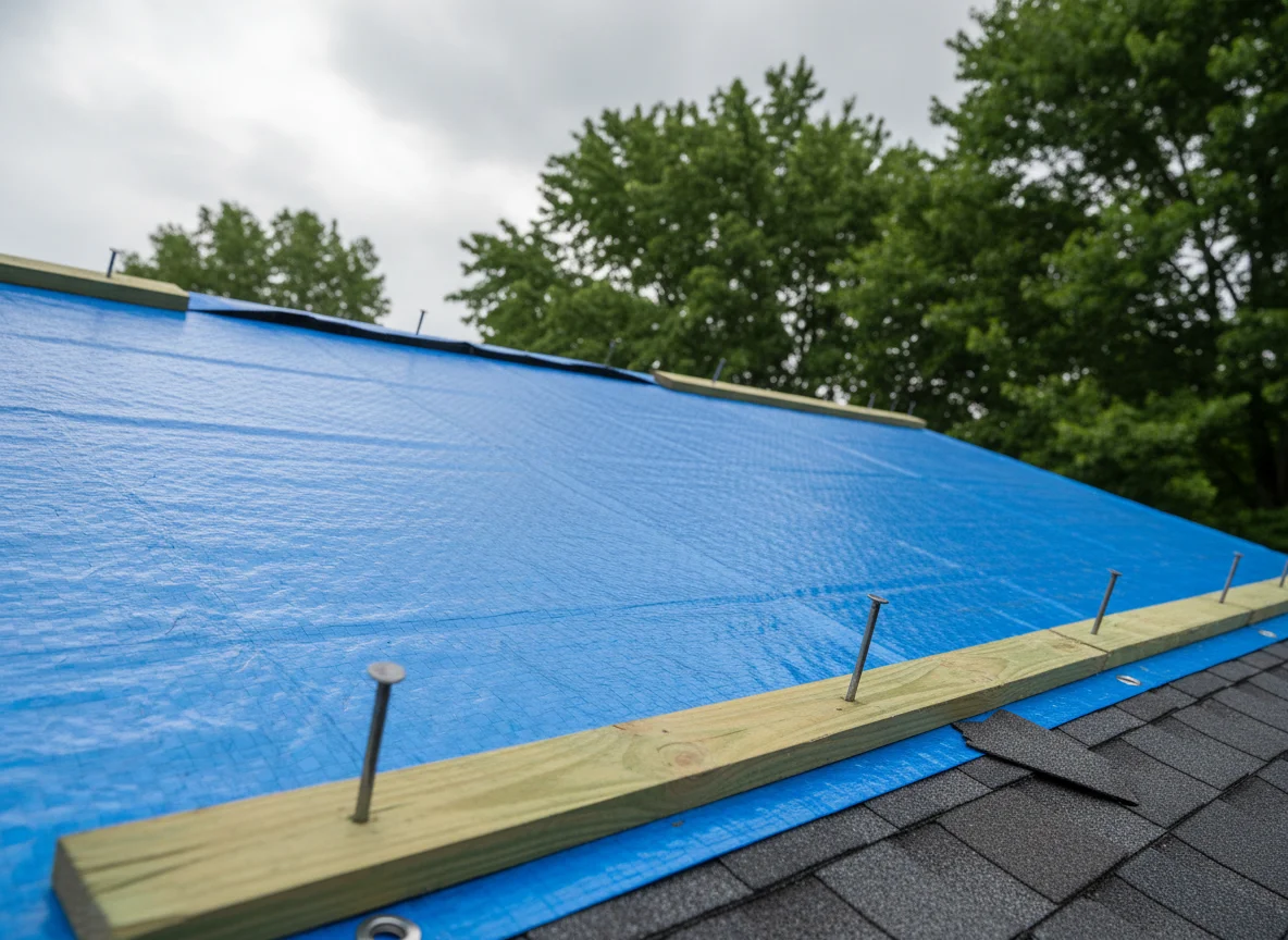 Close-up of properly installed emergency roof tarp with 2x4 edge lumber