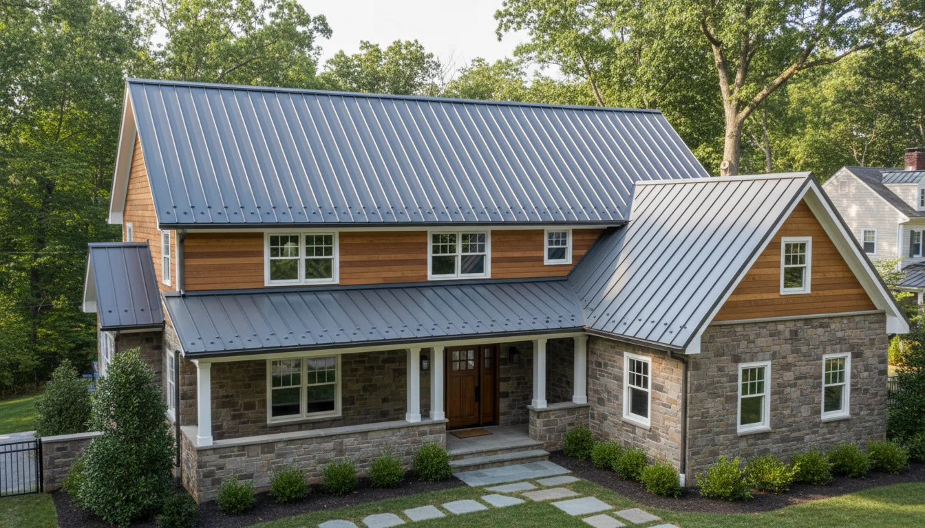Completed standing seam metal roof in charcoal gray on a contemporary craftsman home in Northern Virginia