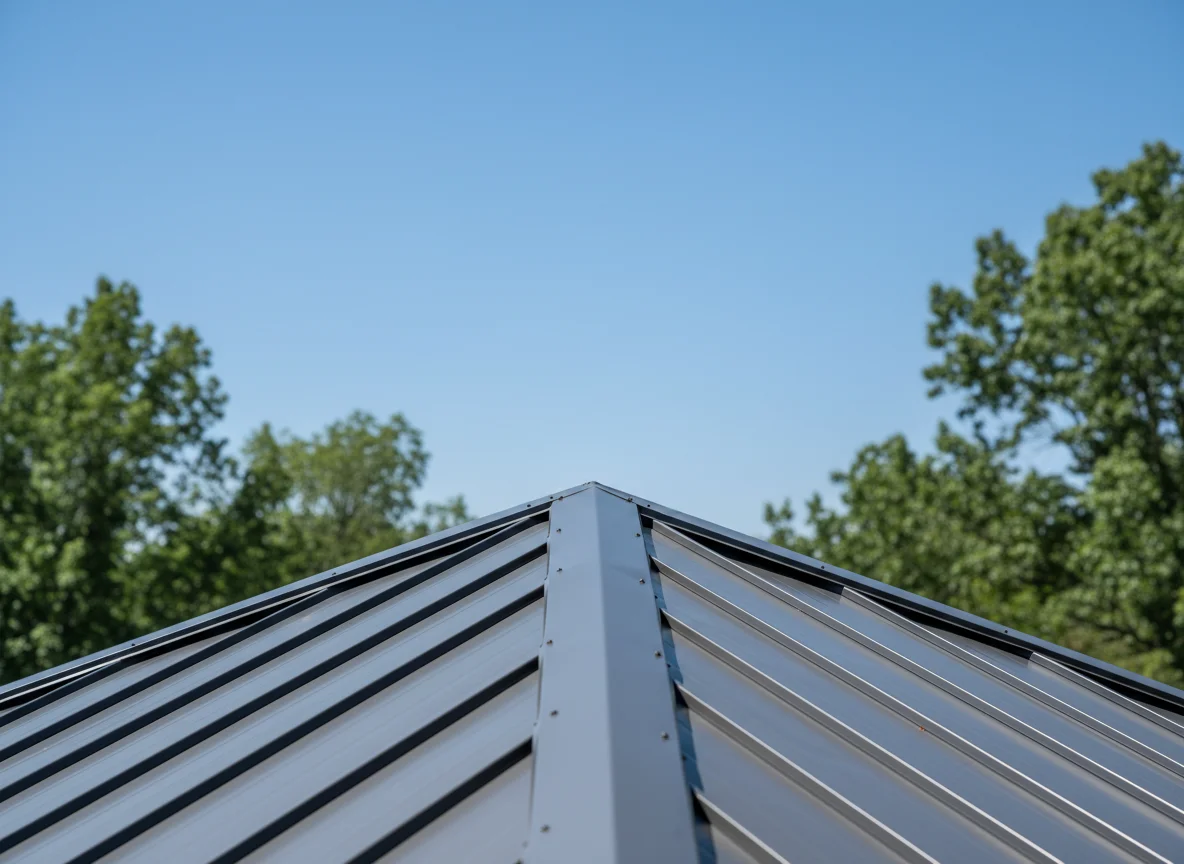 Standing seam metal roof ridge cap detail with proper ventilation closure